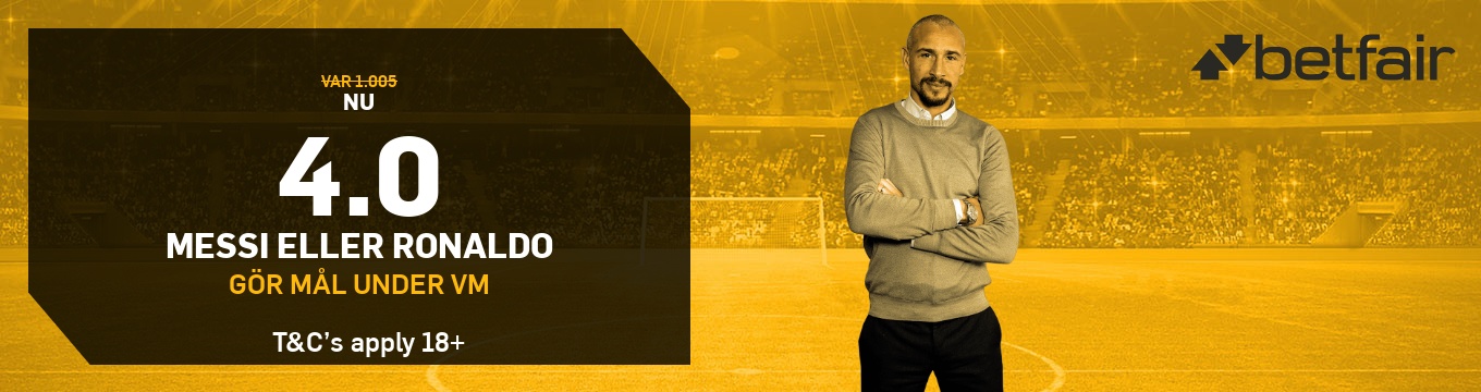 Betfair erbjuder 4 gånger pengarna på att Messi eller Ronaldo gör mål i VM!